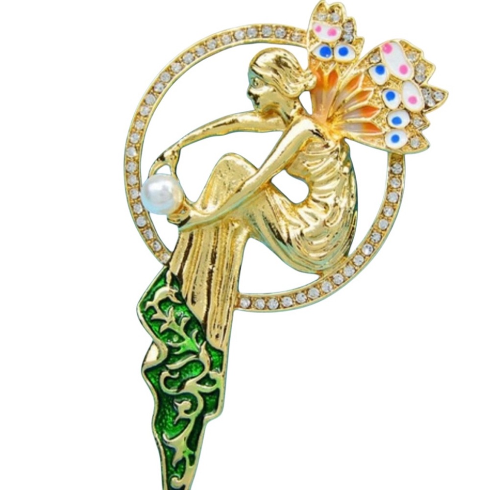 Fairy Sitting on the Moon Enamel, & Faux Pearl Brooch Pin
